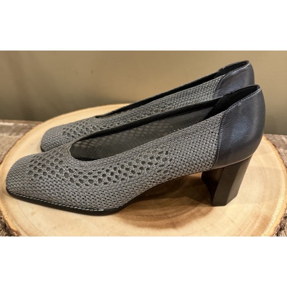 Stuart Weitzman Woven Mesh Point Block Heel Pumps Grey Silver Black Sz-8.5AA New - Picture 3 of 13